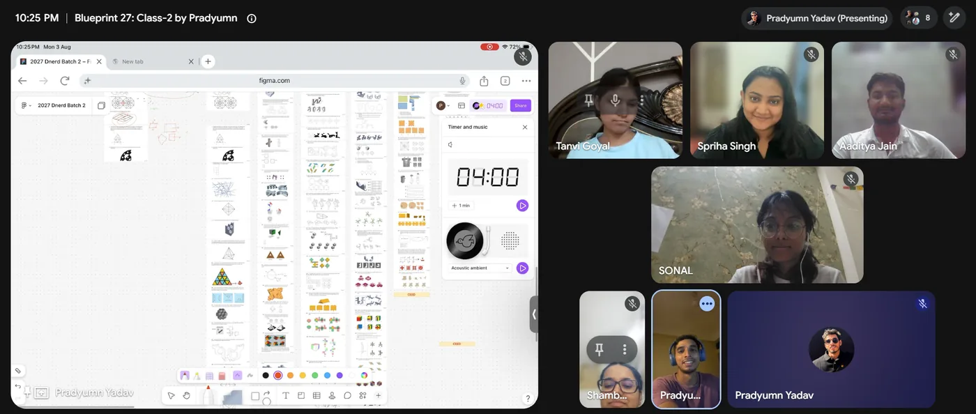 A live Dnerd Studio batch class on Google Meet: Pradyumn teaching on a shared Figma board, with students on camera