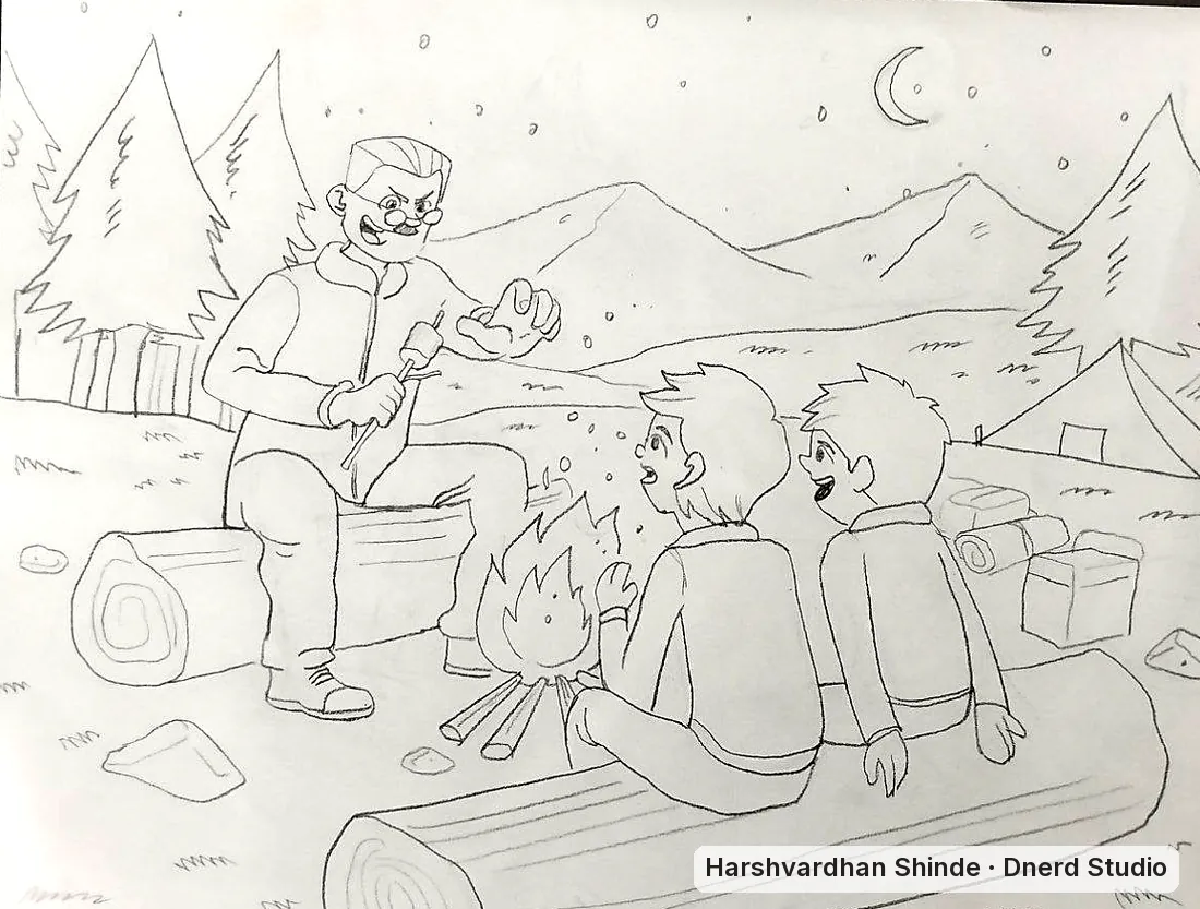 Stories around a campfire, drawn by Harshvardhan Shinde