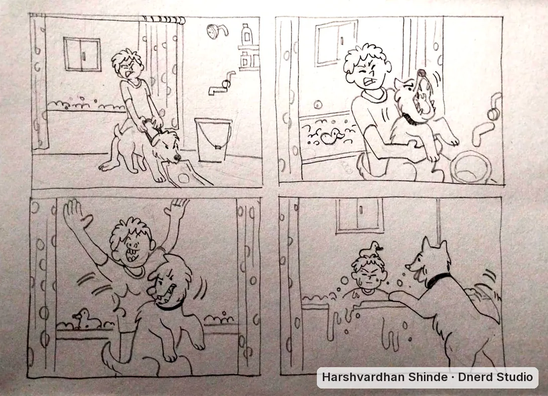 Bath time with the dog, drawn by Harshvardhan Shinde