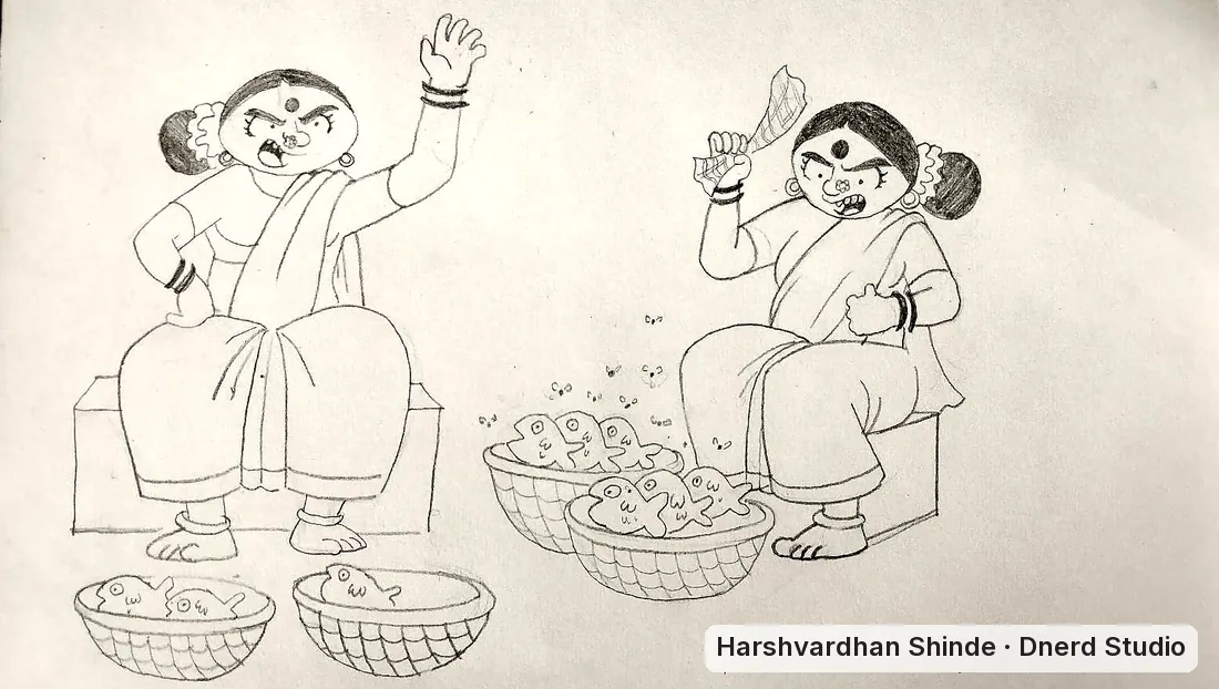 Two fish sellers arguing: a CEED Part B figure drawing by Harshvardhan Shinde