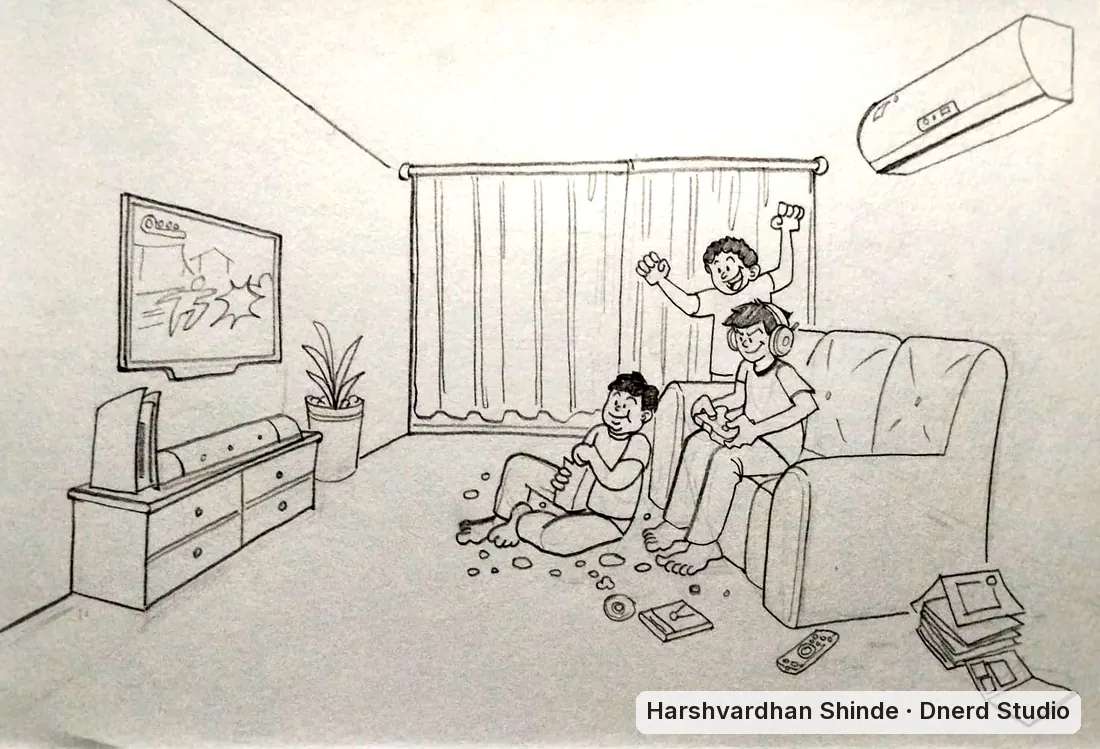 Game night in the living room, drawn by Harshvardhan Shinde