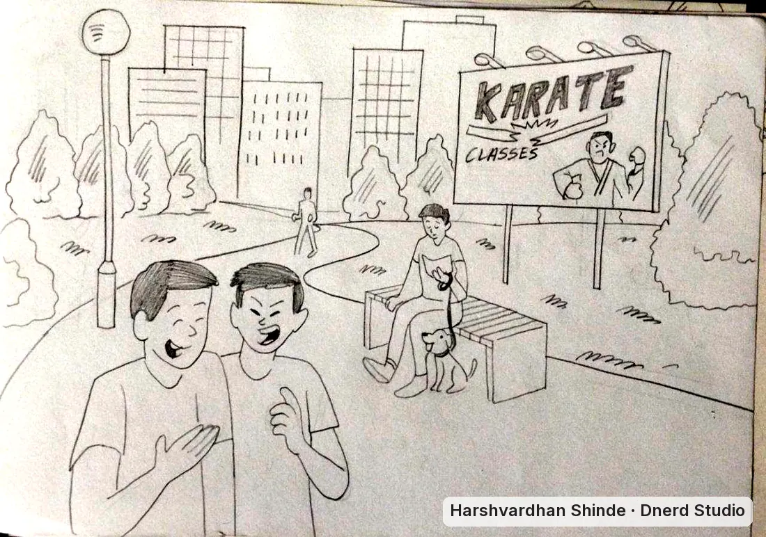Two friends by the karate poster: a CEED Part B scene drawing by Harshvardhan Shinde