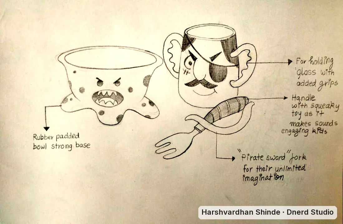 A playful bowl, glass and fork for kids: a CEED Part B product design drawing by Harshvardhan Shinde