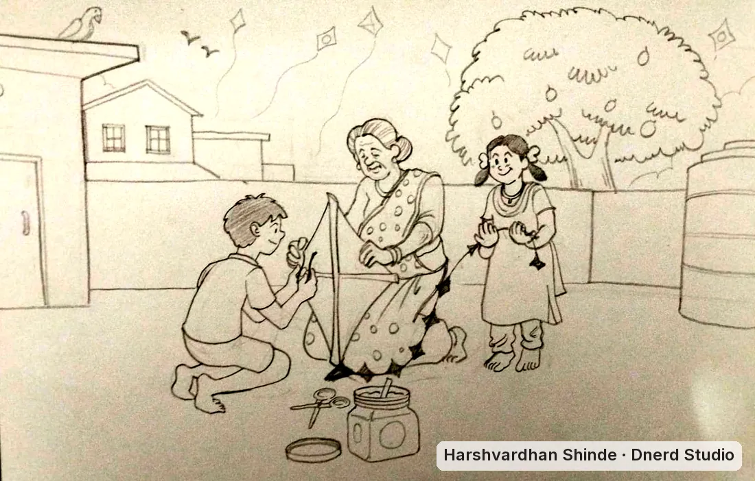 Kite day in the village, drawn by Harshvardhan Shinde