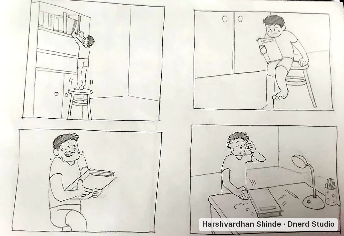 A late-night study session: a CEED Part B storyboard drawing by Harshvardhan Shinde