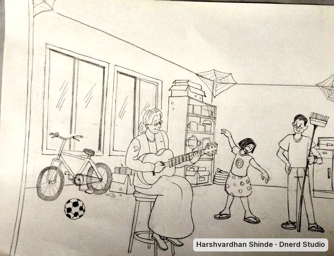 Music in the storeroom: a CEED Part B scene drawing by Harshvardhan Shinde