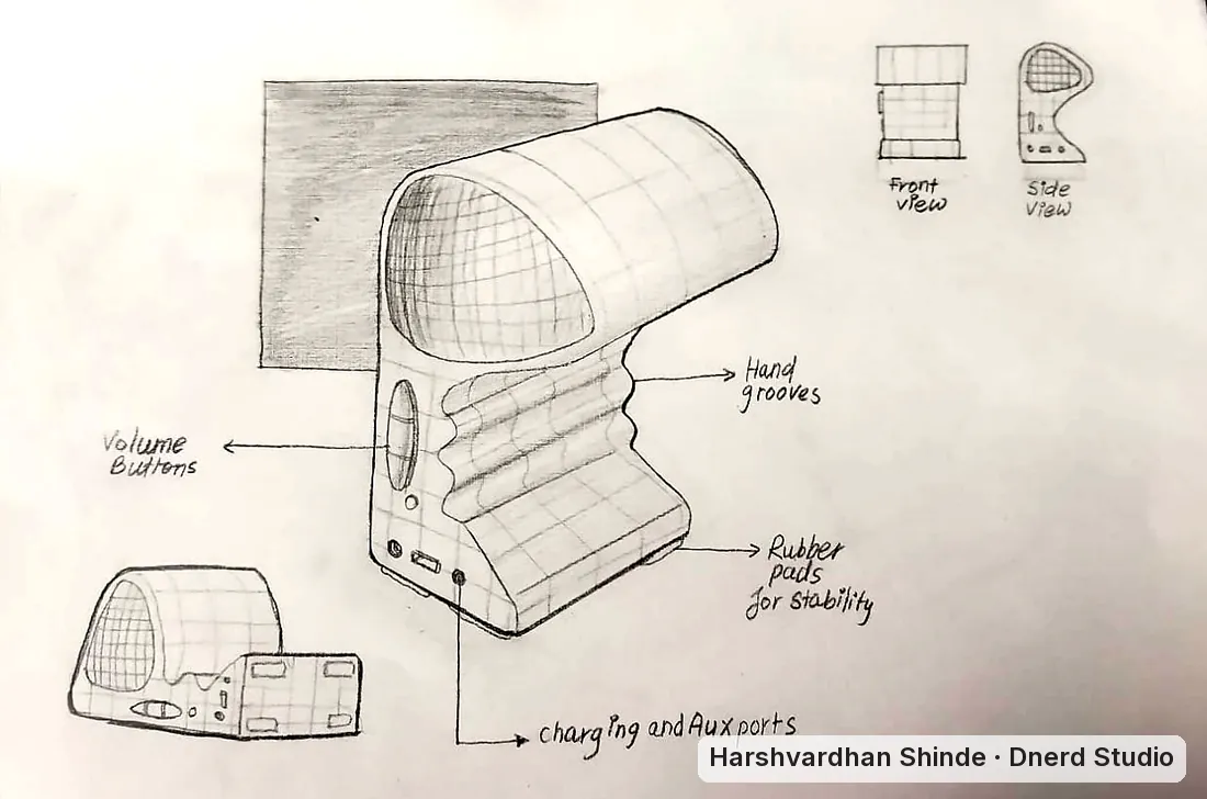 A portable speaker with hand grooves: a CEED Part B product design drawing by Harshvardhan Shinde