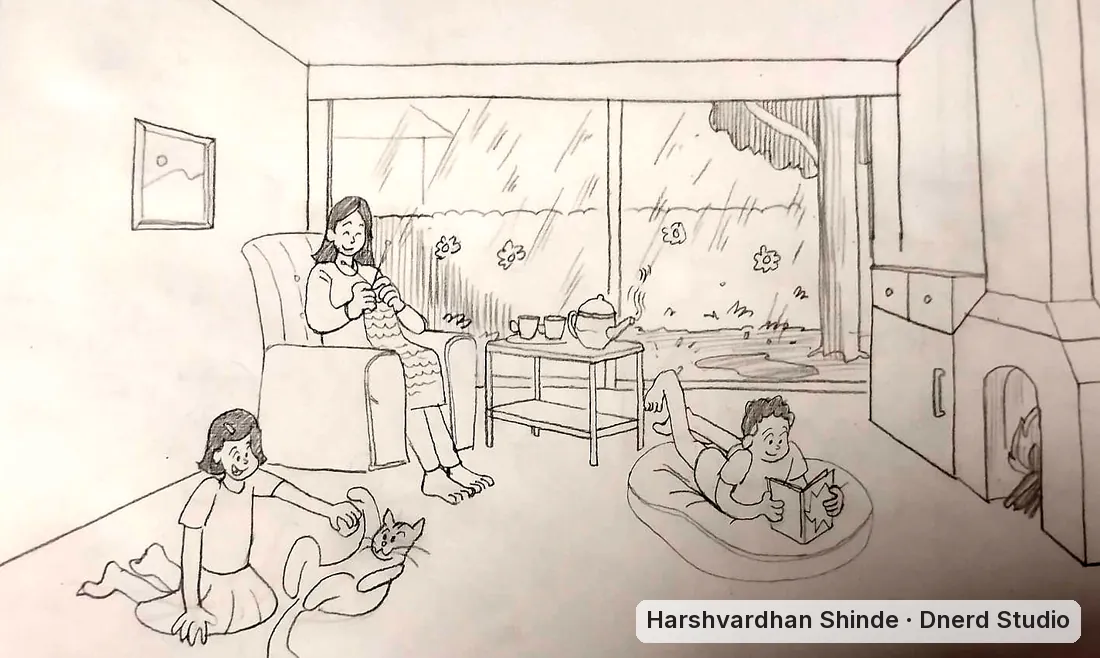 A rainy afternoon at home, drawn by Harshvardhan Shinde