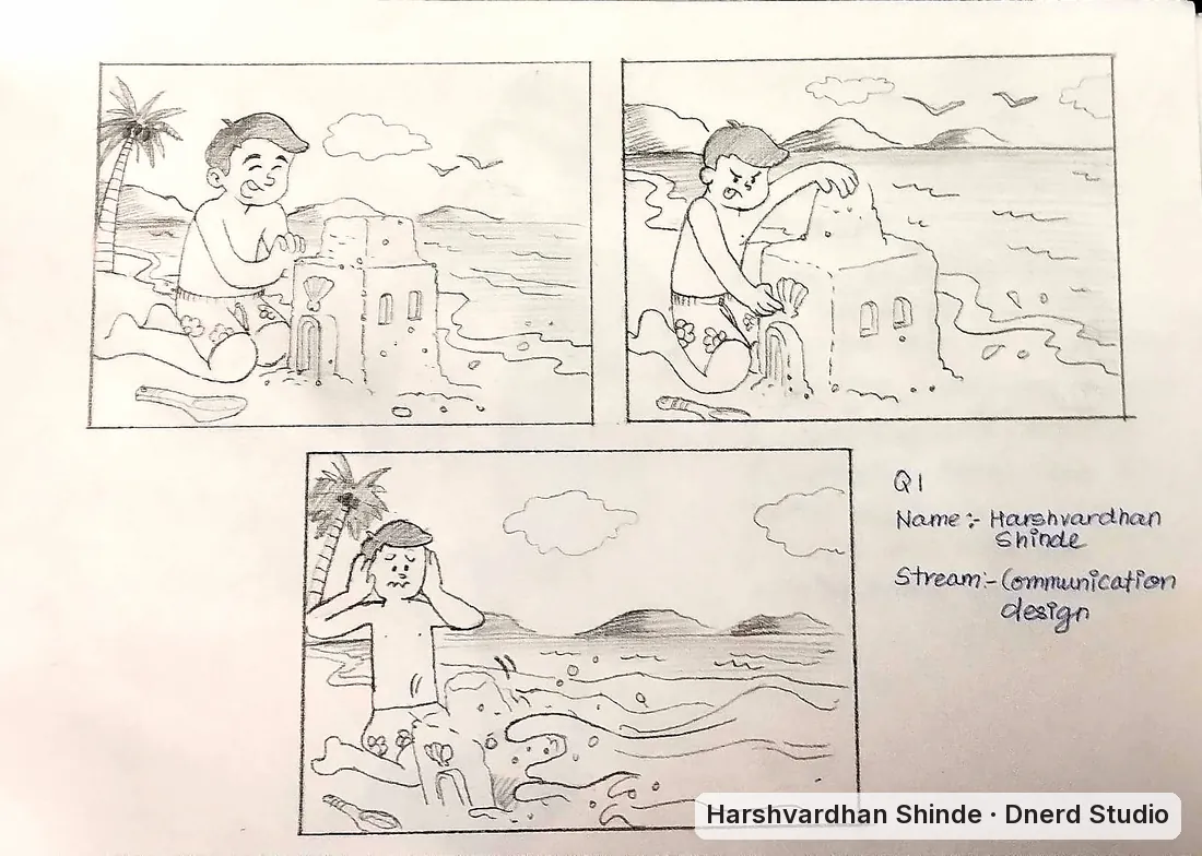 The sandcastle and the wave: a CEED Part B storyboard drawing by Harshvardhan Shinde