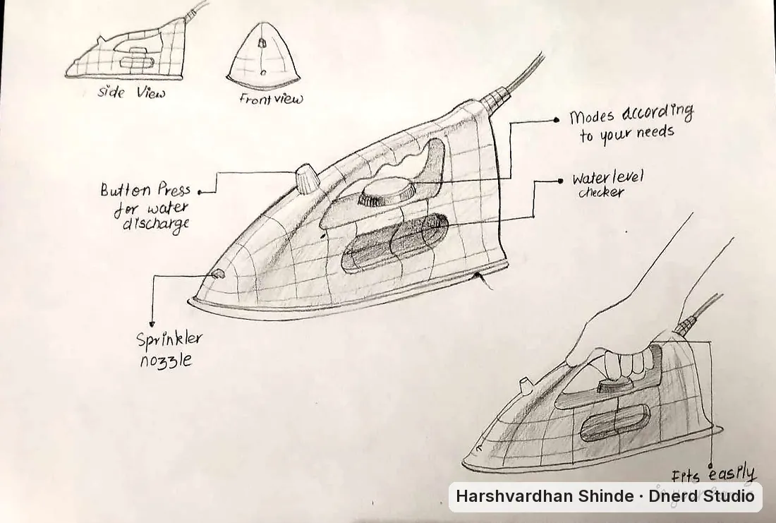 A steam iron, redesigned, drawn by Harshvardhan Shinde