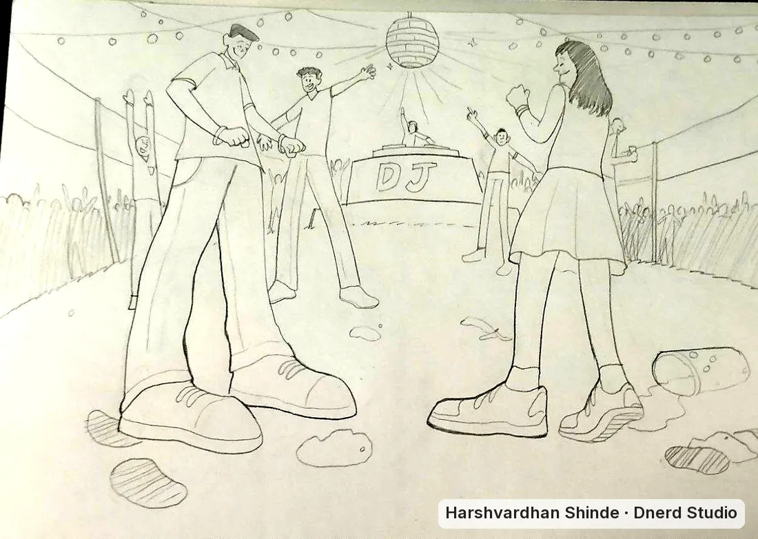 Dancing at a street party: a CEED Part B scene drawing by Harshvardhan Shinde